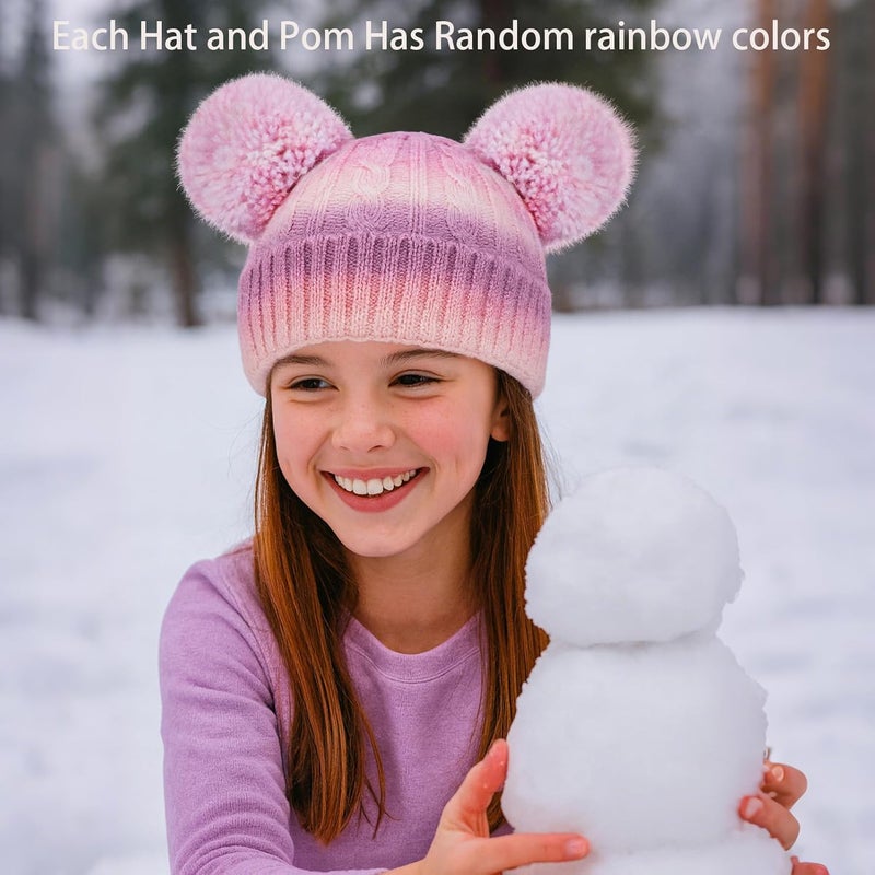 ACTLATI Kids Winter Knitted Beanie Hat Colorful Pompom Ears Ski Hat for Boy Girl(Ages 7-12) - Image 2